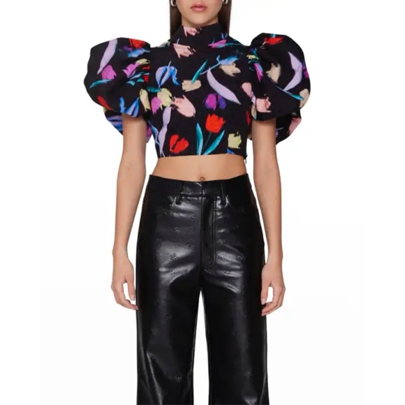 Rotate Birger Christensen Dusk Floral High-Neck Puffed-Sleeve Crop Top - Picture 1 of 9